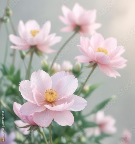 Delicate watercolor blooms in soft focus, pastel hues, flowers,  floral