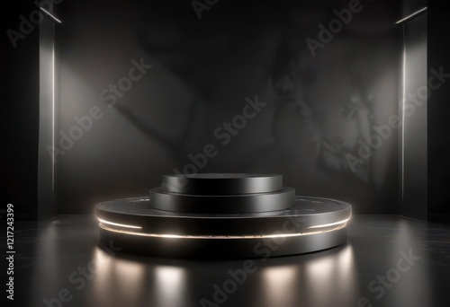 Dark sleek podium with metallic finish and LED lights,  dark,  modern architecture photo