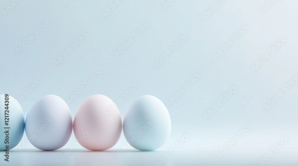 Four eggs of different colors - one is light blue, one is pink, and one is white. Four eggs of different colors - one is light blue, one is pink, and one is white.