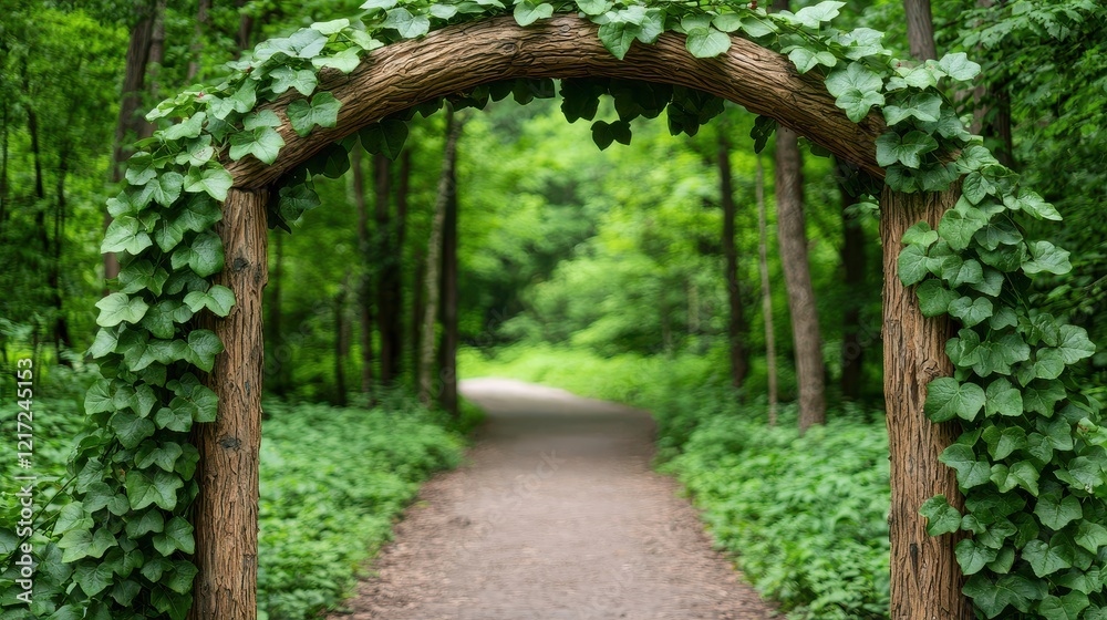Archway Valentine Concept, Serene Forest Path Framed by Natural Wooden Arch Covered in Lush Green Ivy