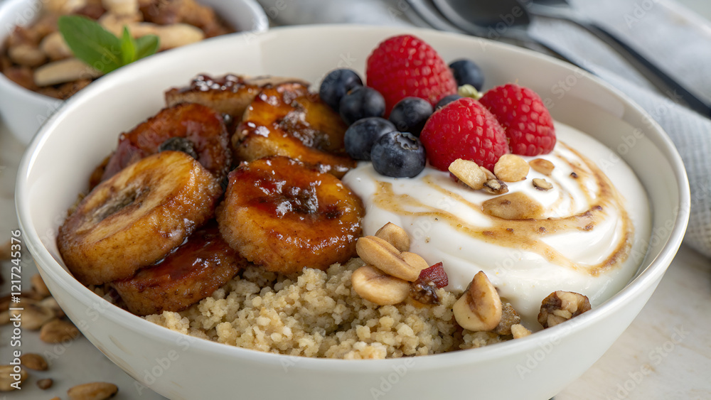 Bowl of sweet banana and yogurt with berries and nuts on a table with copy space Bowl of sweet banana and yogurt with berries and nuts on a table with copy space