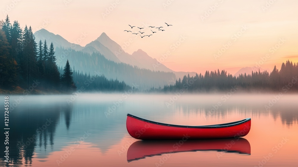 Serene Sunrise Red Canoe on Calm Lake with Misty Mountains Serene Sunrise Red Canoe on Calm Lake with Misty Mountains