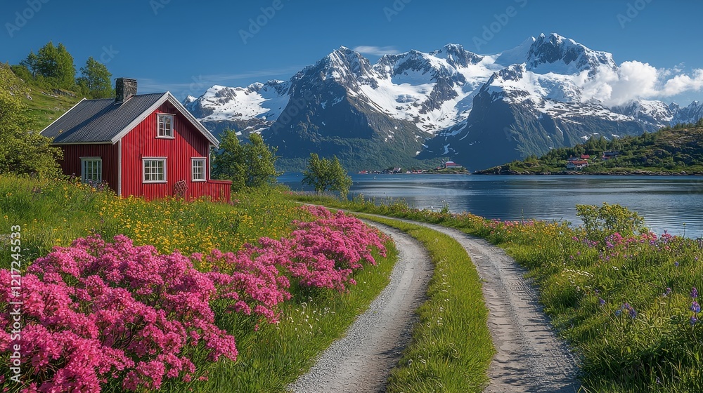 A scenic view of a Scandinavian landscape featuring purple loosestrife by a lake with a glacier visible in the background A scenic view of a Scandinavian landscape featuring purple loosestrife by a lake with a glacier visible in the background
