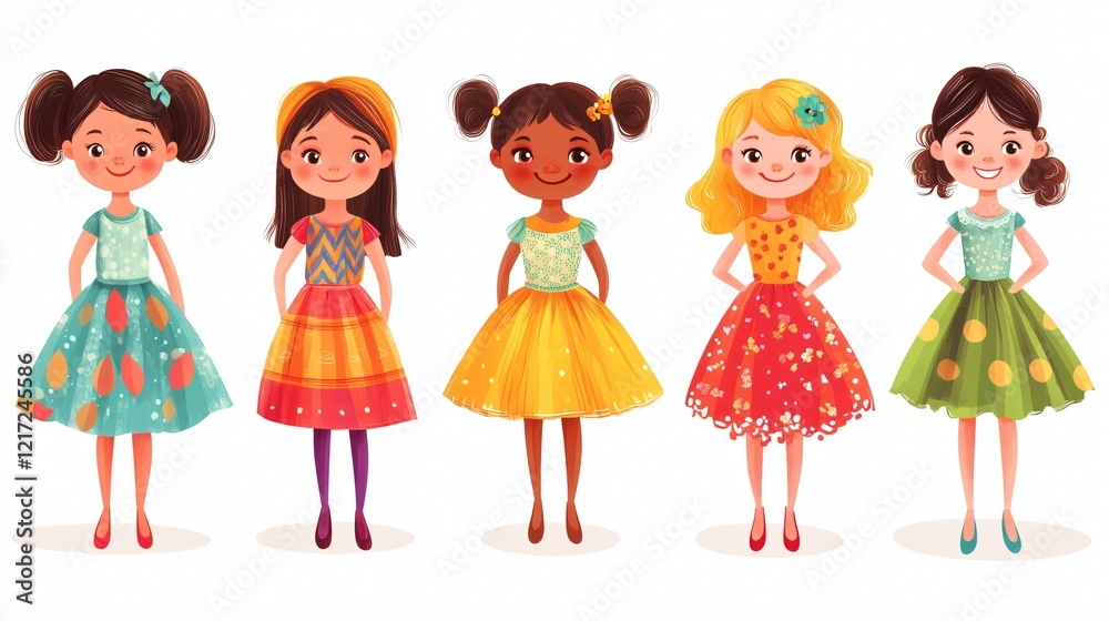 Six Cartoon Girls with Different Hairstyles and Colorful Dresses Six Cartoon Girls with Different Hairstyles and Colorful Dresses
