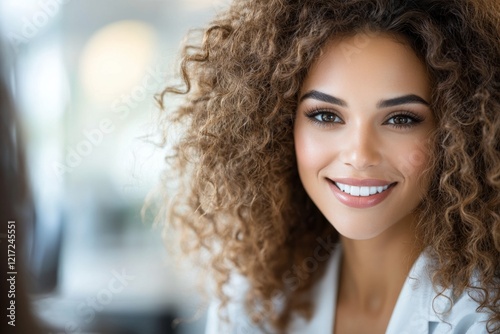 A supportive therapist sitting across from a patient, leaning forward with a warm smile and an open gesture, creating a safe and encouraging atmosphere photo