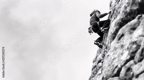 inspiring black and white photo of a rock climber scaling a vertical cliff