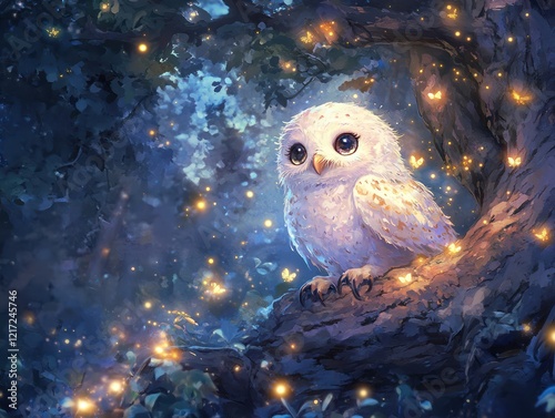 Adorable owl perched on a branch, surrounded by fireflies in a magical forest, perfect for children's book illustration photo