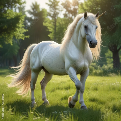 Elegant unicorn mare with flowing mane and tail in a lush green meadow,  foal,  horse,  nature