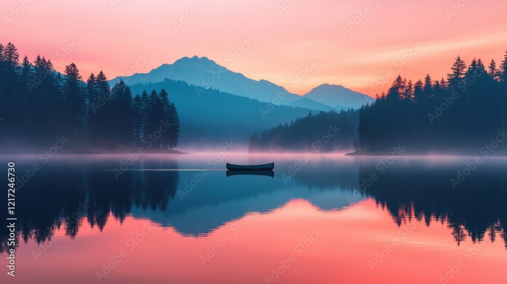 Fototapeta premium Serene Sunrise Misty Lake Mountains and Solitary Canoe