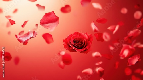 Love in Bloom: A Stunning Display of Passionate Red Roses and Delicate Petals, Adorning a Rich Crimson Canvas, Symbolizing the Beauty and Joy of Love.