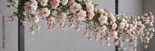 Wallpaper Mural Delicate pink and white floral garland hanging from a metal frame with a subtle floral pattern on the background,  frame,  flower power,  bohemian Torontodigital.ca