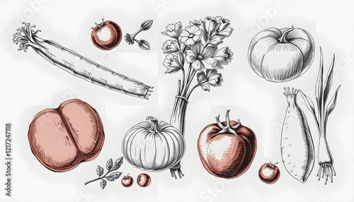 Vintage set of hand drawn raw and organic vegetables, for healthy food and lifestyle / Antique engraved illustration from from La Rousse XX Sciele, retro style, with white tones photo
