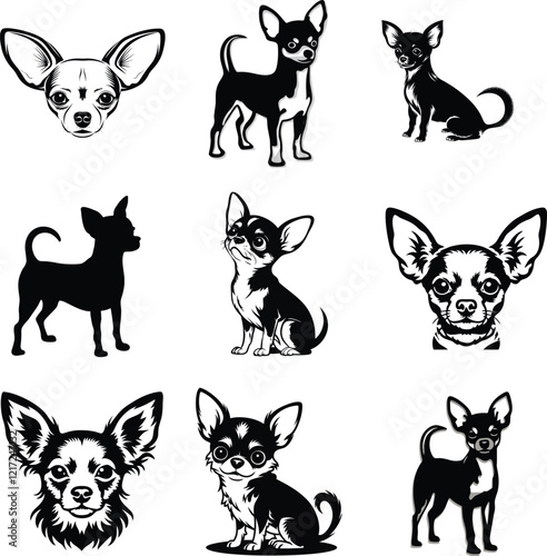 Cute and Detailed Chihuahua Dog Silhouette Vector Set Ideal for Designers, Pet Lovers, and Artistic Projects.