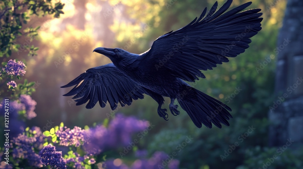 Obraz premium Majestic raven in flight amidst vibrant lilac blossoms at sunrise.