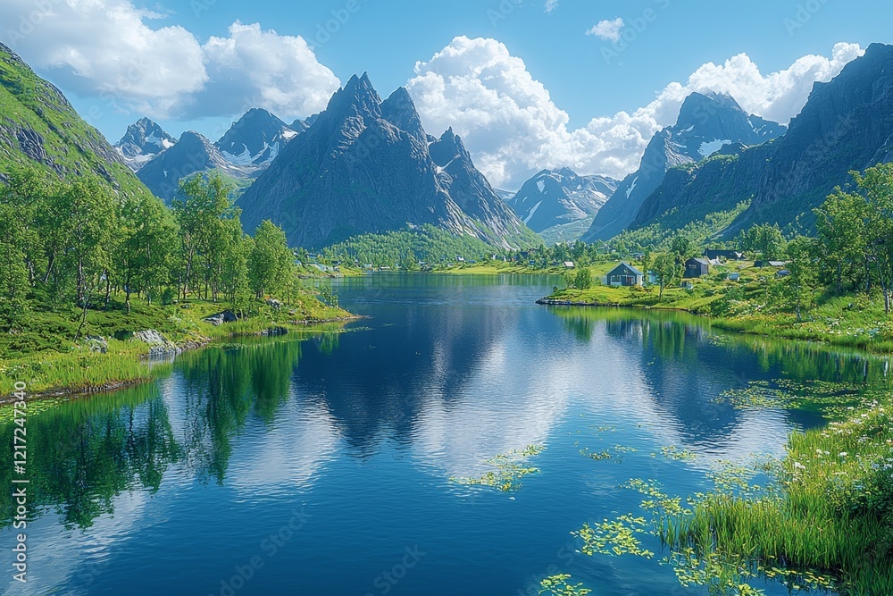 Reine, Lofoten, Norway. The village of Reine bathes in the warmth of a sunny, blue sky, featuring quintessential rorbu houses. This view is taken from an elevated vantage point Reine, Lofoten, Norway. The village of Reine bathes in the warmth of a sunny, blue sky, featuring quintessential rorbu houses. This view is taken from an elevated vantage point