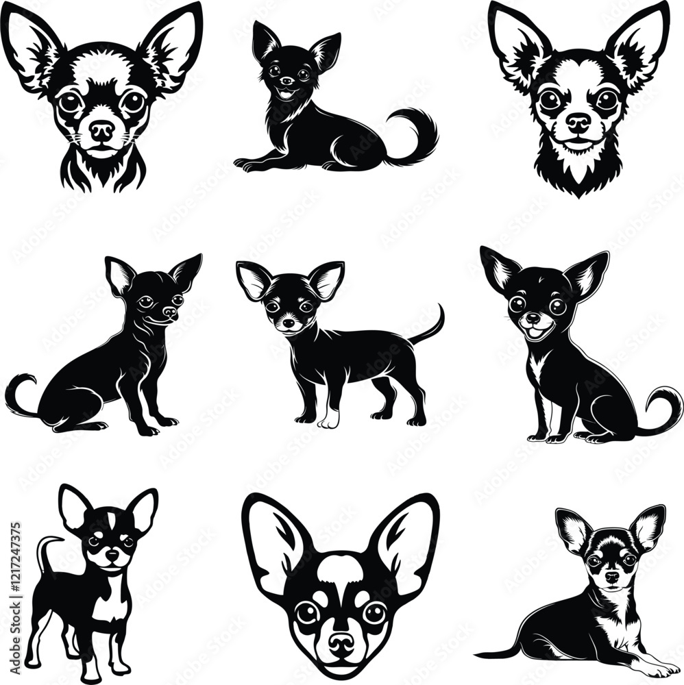 Adorable Chihuahua Dog Silhouette Vector Set Featuring Cute and Stylish Illustrations for Creative Design Projects. Adorable Chihuahua Dog Silhouette Vector Set Featuring Cute and Stylish Illustrations for Creative Design Projects.