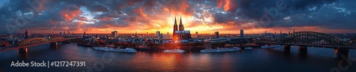 Das Panorama von Köln zeigt den Rhein, Dom und die Hohenzollern Brücke