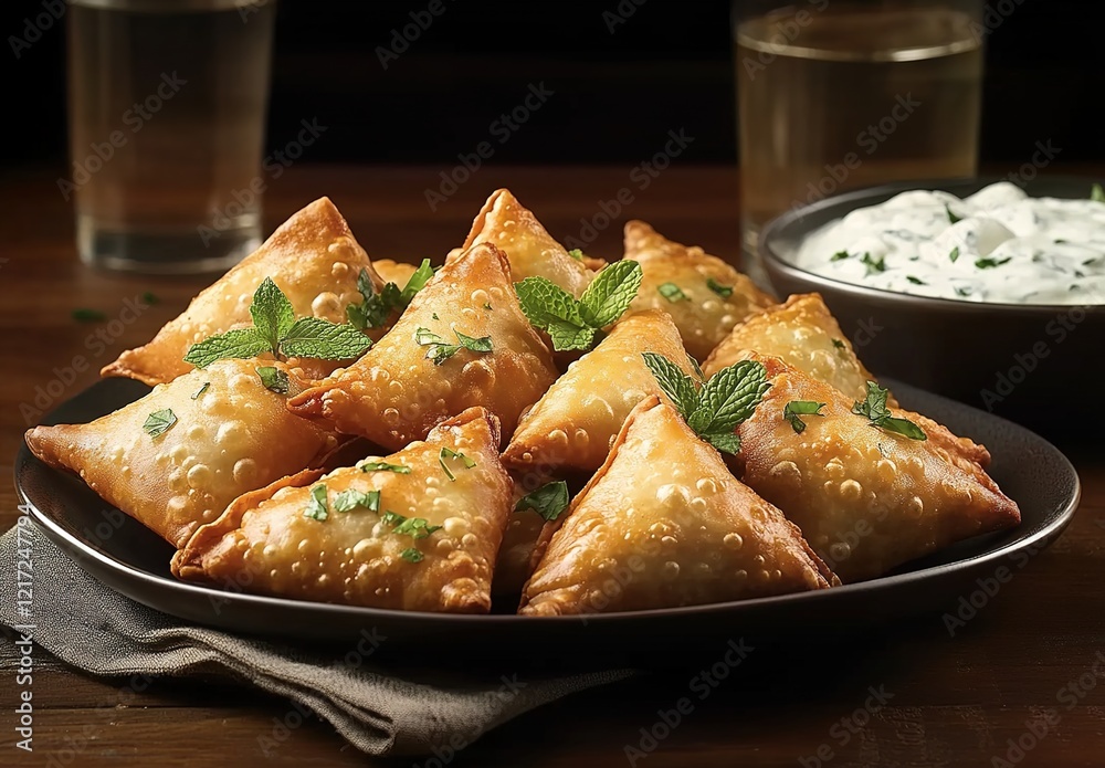 A plate of samosas, fresh and golden with mint leaves garnishing the top, is placed against an elegant dark wooden table background A plate of samosas, fresh and golden with mint leaves garnishing the top, is placed against an elegant dark wooden table background