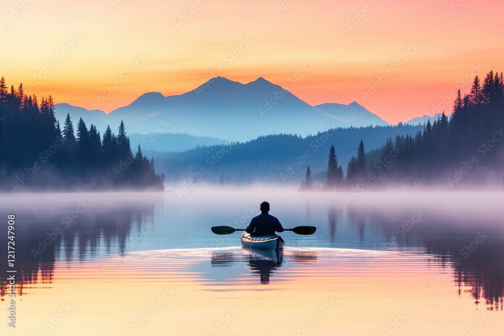 Serene Kayaking at Sunrise Misty Lake and Mountains Serene Kayaking at Sunrise Misty Lake and Mountains