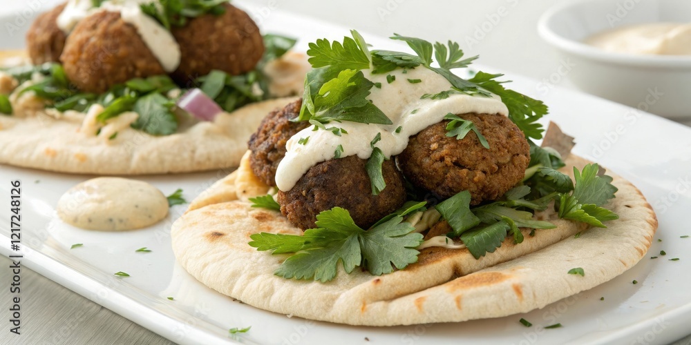 A plate of warm pita bread topped with crispy falafel fresh parsley and a dollop of creamy tahini sauce, herbal garnish, falafel, flatbread A plate of warm pita bread topped with crispy falafel fresh parsley and a dollop of creamy tahini sauce, herbal garnish, falafel, flatbread