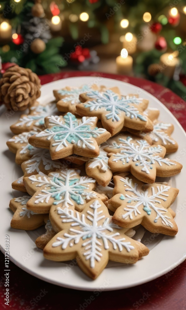 A plate of baked and decorated cookies in the shape of star snowflakes arranged on a festive holiday table with a Christmas tree backdrop, dessert, cookies A plate of baked and decorated cookies in the shape of star snowflakes arranged on a festive holiday table with a Christmas tree backdrop, dessert, cookies