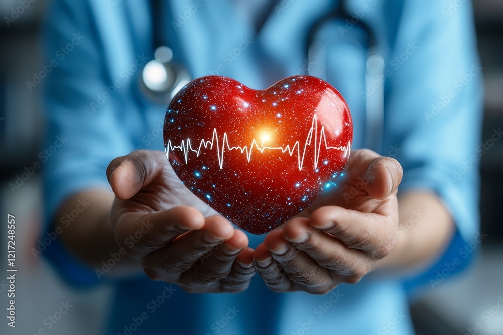Healthcare provider pressing heart pulse button on a virtual internet panel in a medical setting Healthcare provider pressing heart pulse button on a virtual internet panel in a medical setting