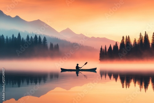 Serene sunrise kayak paddle across a misty lake surrounded by majestic fogshrouded mountains photo