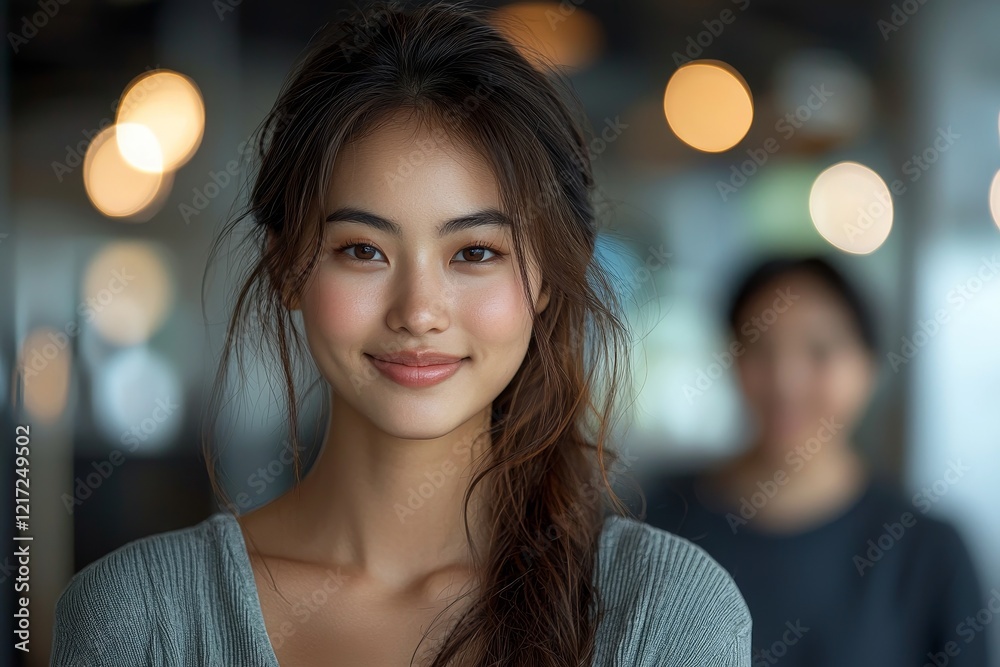 During her interview at a big company, a young Asian woman beams with a smile while clutching her resume During her interview at a big company, a young Asian woman beams with a smile while clutching her resume