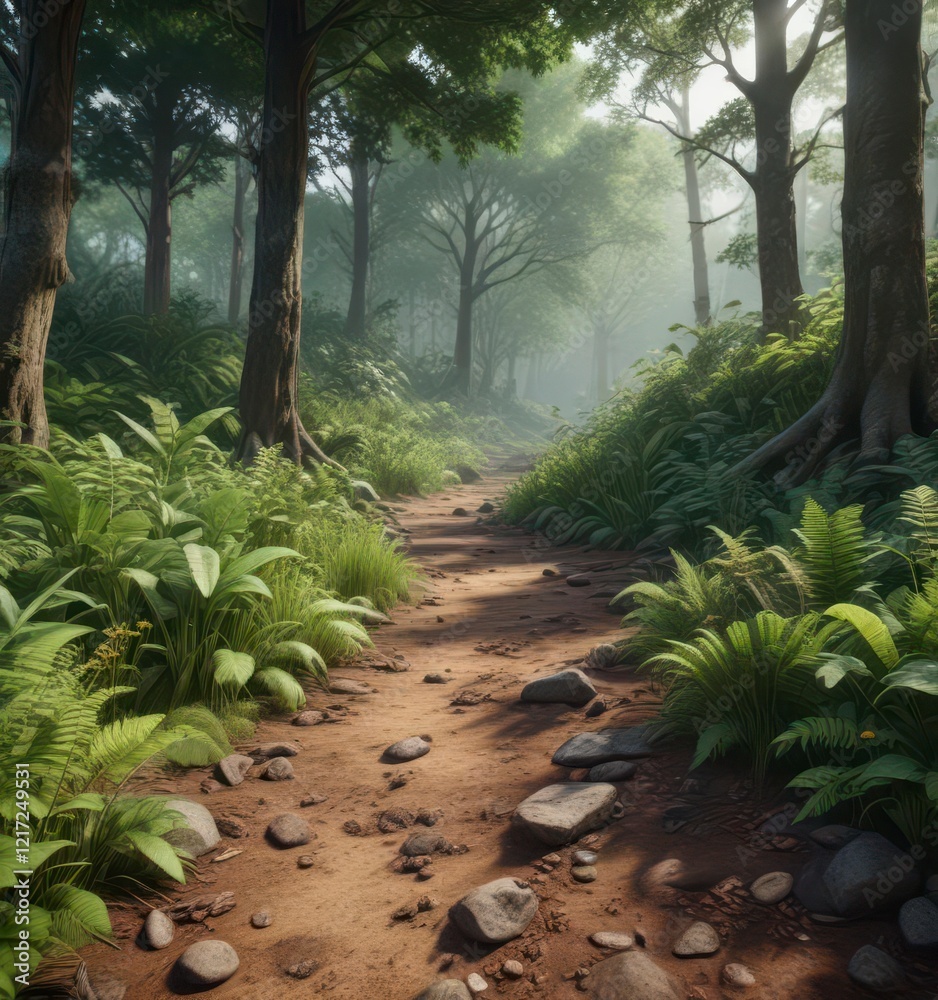 Earthy forest floor surrounded by lush greenery, moss, foliage Earthy forest floor surrounded by lush greenery, moss, foliage