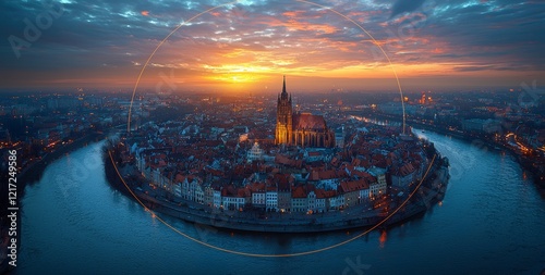 Widok z lotu ptaka na Ostrów Tumski, południe miasta oraz rzekę - Wrocław, Polska