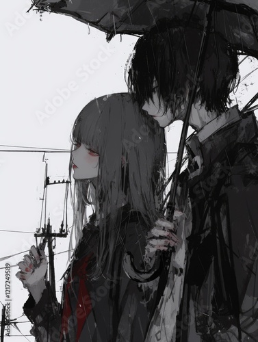 Anime Couple Sharing Umbrella Rainy Day Scene