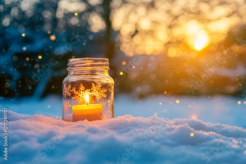 Against a blurry background with a wintery theme, a lit candle in a jar is visible photo