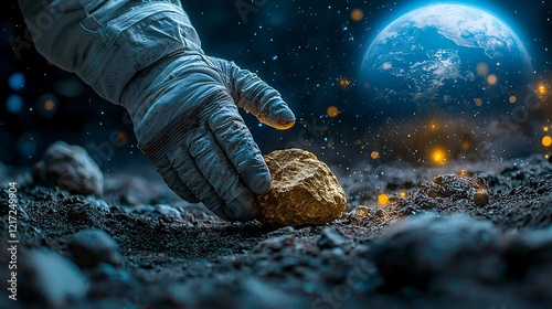 astronaut collecting lunar rock with earth in background for space exploration theme