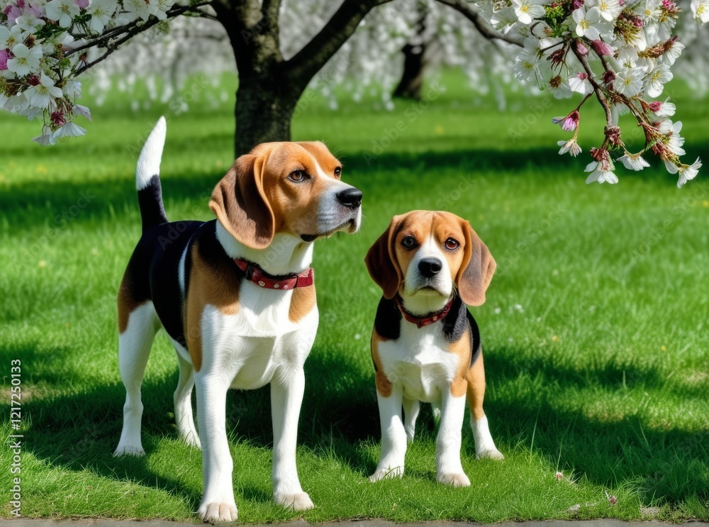 Beagles play under blooming cherry trees in a sunny park during springtime Beagles play under blooming cherry trees in a sunny park during springtime