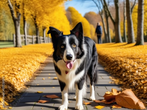 Border collie enjoys crisp autumn day on a path lined with golden leaves in a peaceful park setting photo