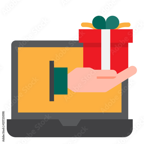 Obraz na płótnie laptop and hand holding gift box with ribbon w salonie