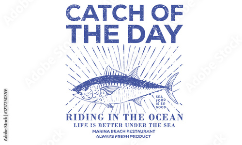 Seafood club. Fish design. Fish vintage artwork. Catch of the day. Tuna fish artwork for t shirt print, poster, sticker and other uses.