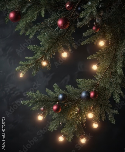 Fir branches with ornaments on dark shale background, illuminated softly,  forest ambiance,  dark shale