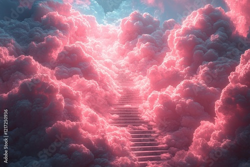 In a dreamy realm, pink, airy clouds are juxtaposed with a white staircase, suggesting a path to ascend or progress photo