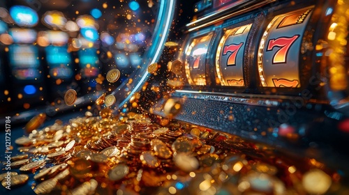 A close-up of a casino slot machine with bright flashing lights, a jackpot symbol in the center, and coins pouring out of the machine after a big win photo