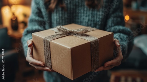 A close-up of a delivery box being opened by a person in their living room, with the product inside being revealed, showcasing the excitement of receiving an online order photo