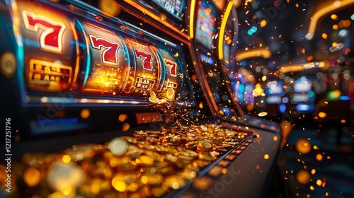 A close-up of a casino slot machine with bright flashing lights, a jackpot symbol in the center, and coins pouring out of the machine after a big win photo