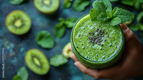 A close-up of a hand holding a green smoothie in a glass, with fresh mint leaves and ingredients scattered around, symbolizing health and vitality, with vibrant green tones photo