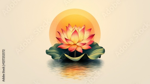 A bright and cheerful logo for a wellness brand, featuring a sun and a lotus flower inside a circle, with a soft, calming color palette of yellow, orange, and pink photo