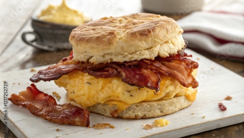 A mouthwatering breakfast food made from a flaky biscuit filled with a rich and creamy egg and cheese mixture, topped with crunchy bacon strips, egg, breakfast sandwich