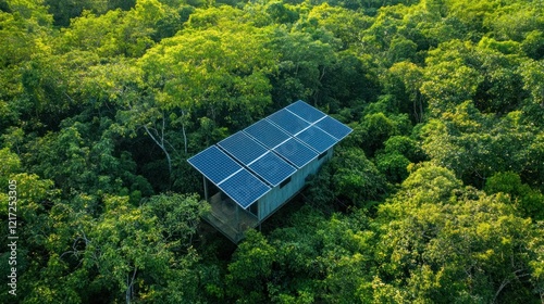 Aerial view of solar-powered cabin in lush rainforest.