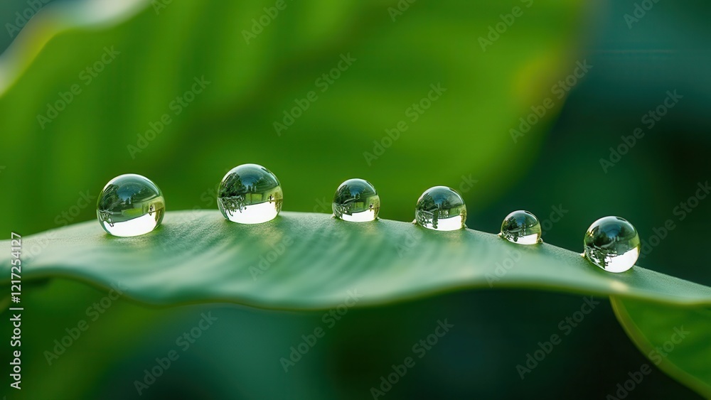 Close-up of a tropical green leaf with dew drops in sunlight Close-up of a tropical green leaf with dew drops in sunlight