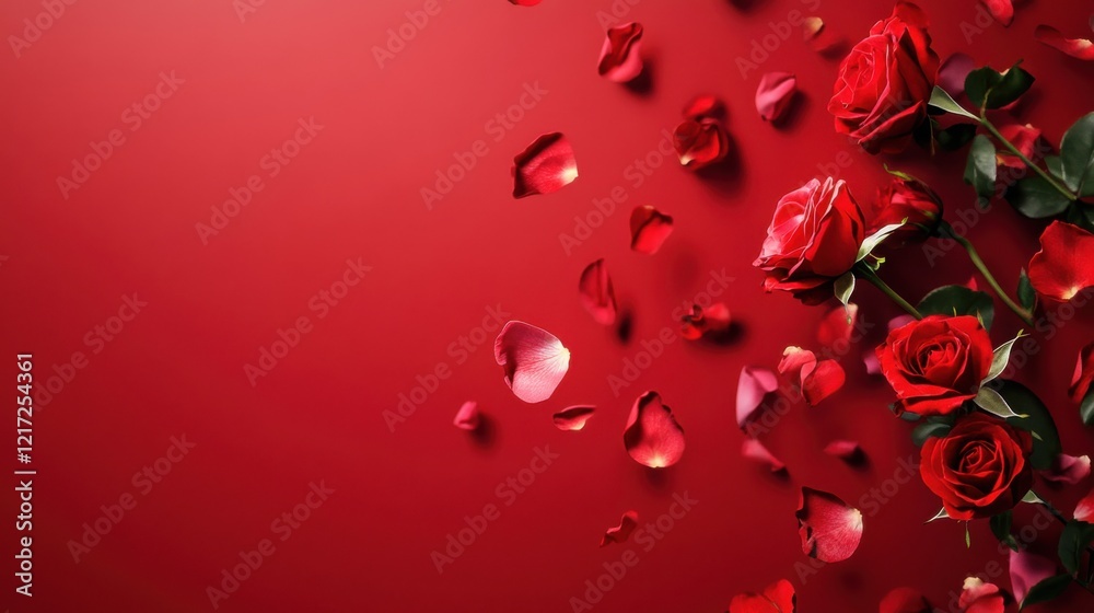 Obraz premium Love in Bloom: A Stunning Display of Passionate Red Roses and Delicate Petals, Adorning a Rich Crimson Canvas, Symbolizing the Beauty and Joy of Love.
