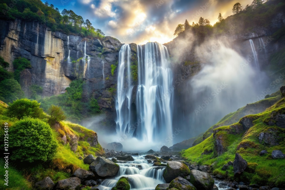 Naklejka premium A majestic waterfall cascading down a rocky cliffside, creating a misty veil in the air, waterfall, nature