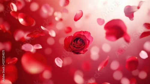 Love in Bloom: A Stunning Display of Passionate Red Roses and Delicate Petals, Adorning a Rich Crimson Canvas, Symbolizing the Beauty and Joy of Love.
